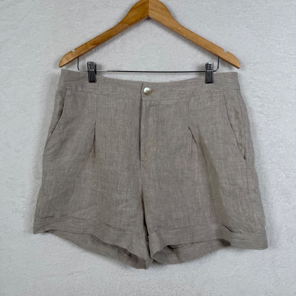 Karen Kane Shorts Womens 14 Beige Linen Pleated Cuffed High Rise 1L01540